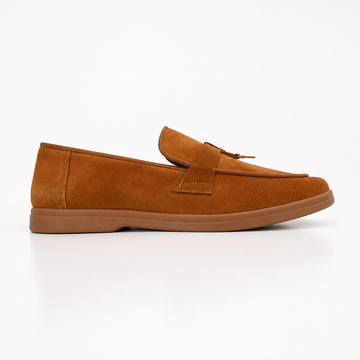 Classic Suede Penny Loafers with Gold Buckle – Tan